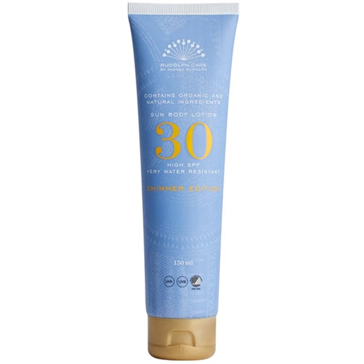 Rudolph Care Sun Body Lotion 150 ml SPF 30 Shimmer Edition hohtava aurinkovoide vaaleansinisessä tuubissa kultakorkilla