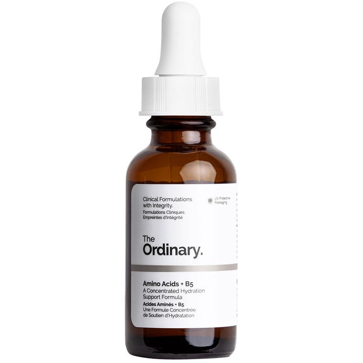 The Ordinary Amino Acids + B5 30 ml kosteuttava seerumi ruskeassa lasipullossa jossa on valkoinen etiketti ja pipetti
