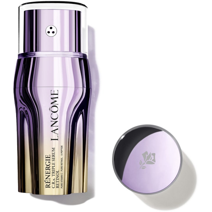 Lancôme Rénergie C.R.X. Triple Serum Retinol 50ml silottava seerumi kultaliilassa metallipullossa pumppusuuttimella.