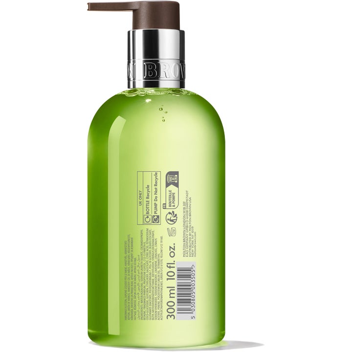 Molton Brown Lime & Patchouli Fine Liquid Hand Wash 300 ml puhdistava käsisaippua vihreässä pullossa takaa katsottuna