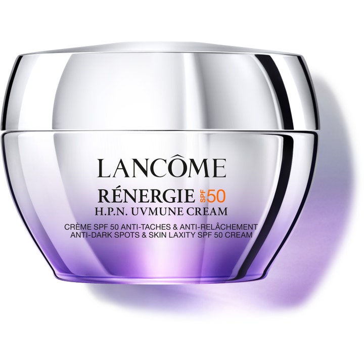 Lancôme Rénergie H.P.N. Uvmune Cream 50 ml kiinteyttävä ja suojaava päivävoide liilassa hopeakantisessa lasipurkissa