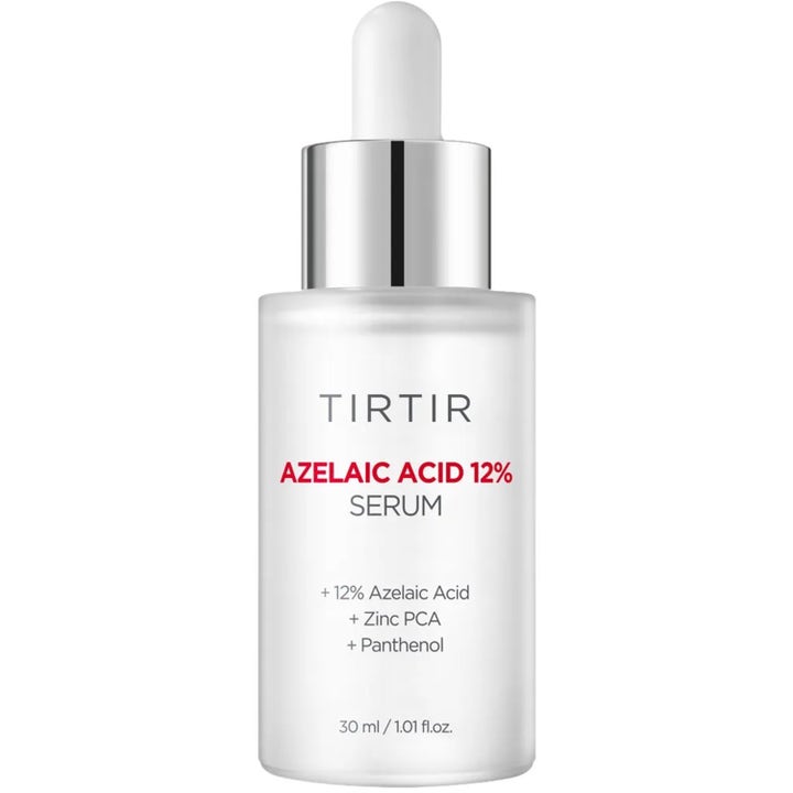 Tirtir Azelaic Acid 12% Serum 30 ml rauhoittava kasvoseerumi mattapintaisessa lasipullossa hopeisella korkilla ja pipetillä.
