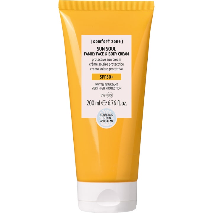 Comfort Zone Sun Soul Family Face & Body Cream 200 ml suojaava aurinkovoide SPF50+ keltaisessa tuubissa valkoisella korkilla