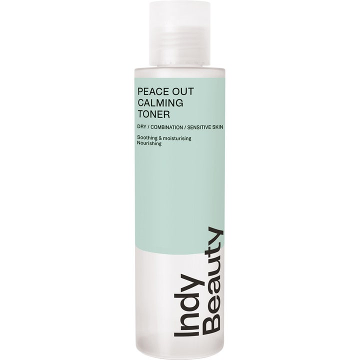 Indy Beauty Peace Out Calming Toner 200 ml rauhoittava kasvovesi joka kosteuttaa ihoa vaaleanvihreässä pullossa