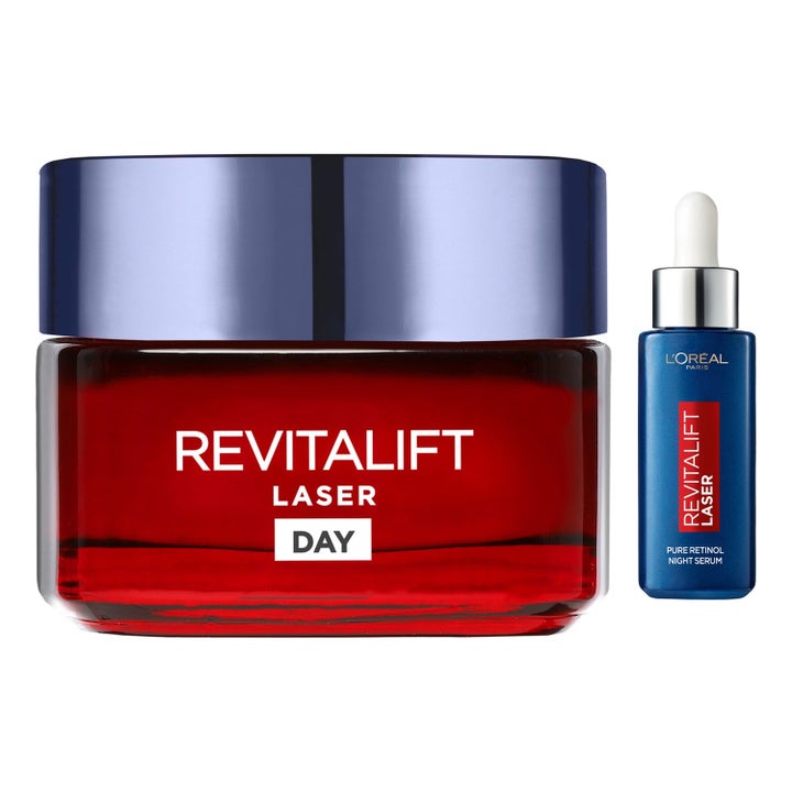 L'Oréal Paris Revitalift Laser silottava setti sisältää sinisen pipettipullon ja punaisen päivävoidepurkin