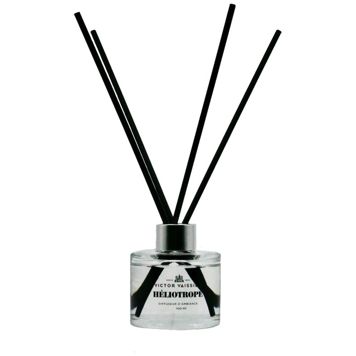 Victor Vaissier Diffuser Héliotrope 100 ml huonetuoksu kirkkaassa lasipullossa mustilla tikuilla.