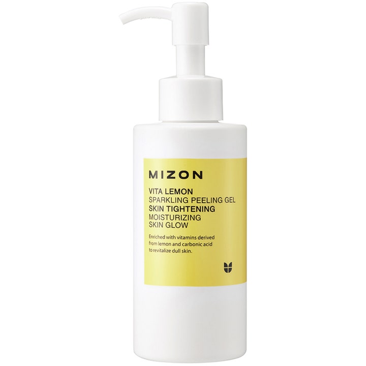 Mizon Vita Lemon Sparkling Peeling Gel 150 ml heleyttävä kuorintageeli valkoisessa pumppupullossa keltaisella etiketillä.