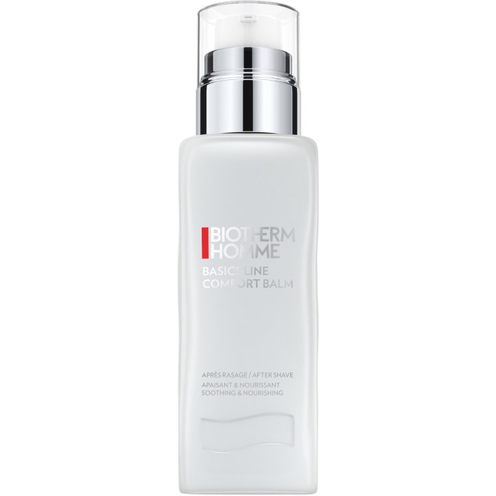 Biotherm Homme Basics Line Comfort Balm 75ml rauhoittava after shave valkoisessa mattapullossa hopeisella pumpulla.