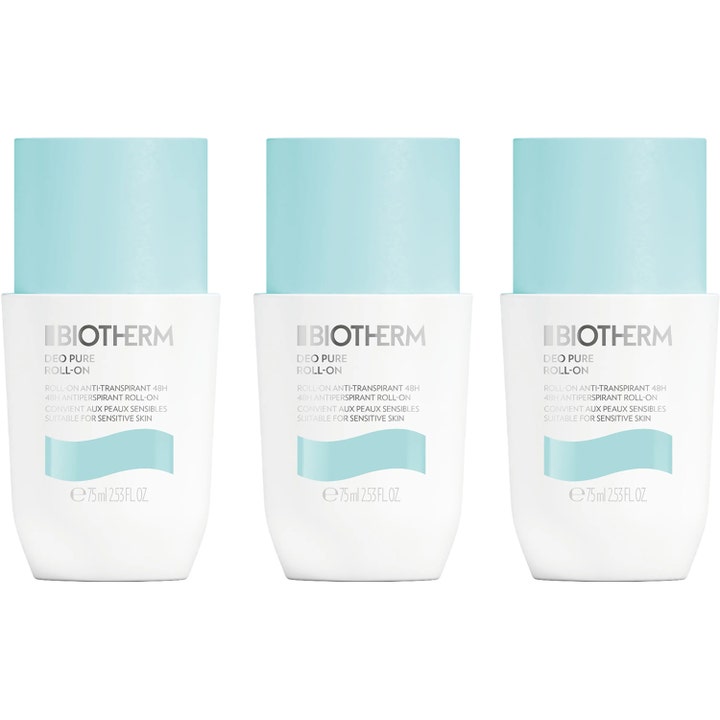 Biotherm Deo Pure Roll-On 75 ml 48h suojaava antiperspirantti herkälle iholle kolme valkoista pakkausta sinisillä korkeilla