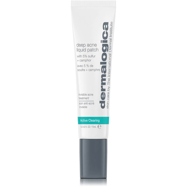 Dermalogica Deep Acne Liquid Patch 15 ml syvän aknen hoitoon rikkiä sisältävä valkoinen tuubi harmaalla korkilla.
