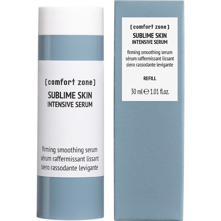 Comfort Zone Sublime Skin Intensive Serum 30 ml täyttöpakkaus ja vaaleansininen kartonkipakkaus.