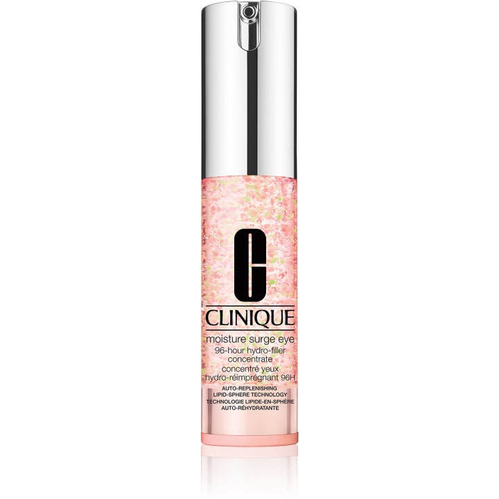 Clinique Moisture Surge Eye 15 ml kosteuttava silmänympärysgeeli läpinäkyvässä pullossa, jossa on vaaleanpunaisia helmiä.