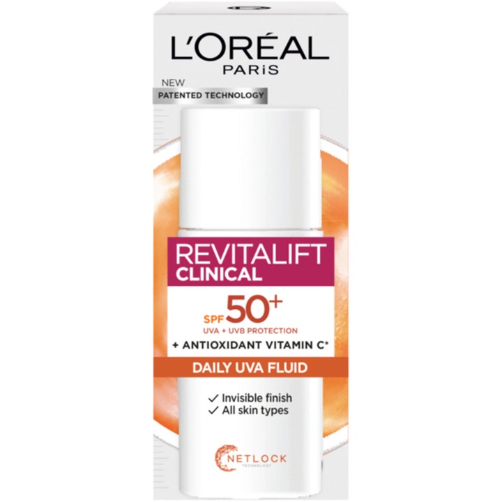 L'Oréal Paris Revitalift Clinical Daily UVA Fluid 50 ml aurinkovoide C-vitamiinilla valkoisessa pakkauksessa jossa SPF 50+.