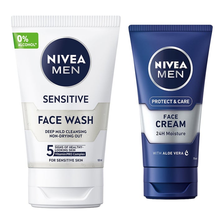 Nivea Men Sensitive Face Wash 100ml ja Face Cream 75ml kosteuttava setti valkoisessa ja tummansinisessä tuubissa
