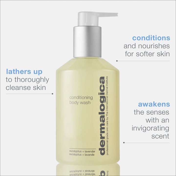 Dermalogica Conditioning Body Wash 295 ml puhdistava suihkugeeli eucalyptus ja laventeli hopeisessa pumppupullossa