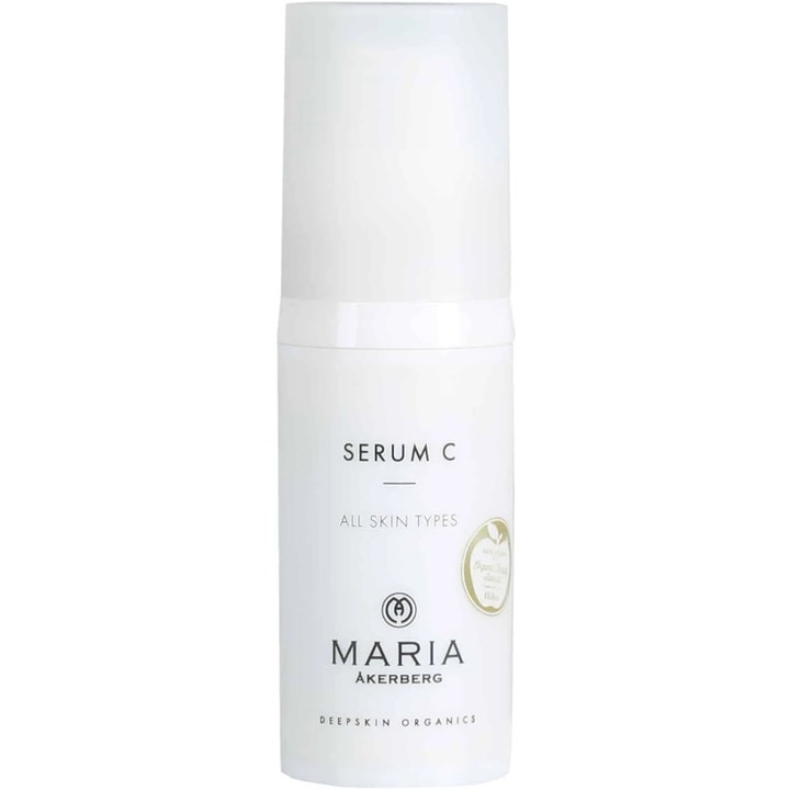 Maria Åkerberg Serum C 30 ml heleyttävä C-vitamiiniseerumi valkoisessa pumppupullossa, jossa on huurteinen korkki.