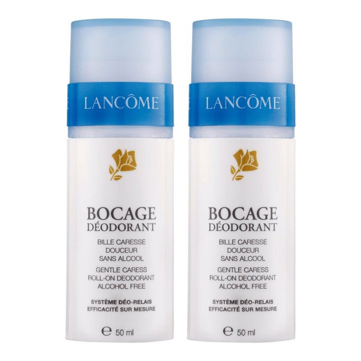 Lancôme Bocage Deodorant 2 x 50 ml alkoholiton roll-on deodorantti kaksi valkoista pulloa joissa on sininen korkki