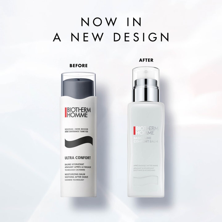 Biotherm Homme Ultra-Confort Balm 75 ml rauhoittava voide näyttää vanhan ja uuden tyylikkään pakkausmuotoilun.