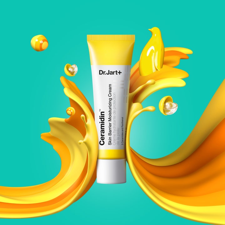 Dr.Jart+ Ceramidin Skin Barrier Moisturizing Cream 50 ml kosteuttava kasvovoide keltaisilla roiskeilla turkoosilla pohjalla.