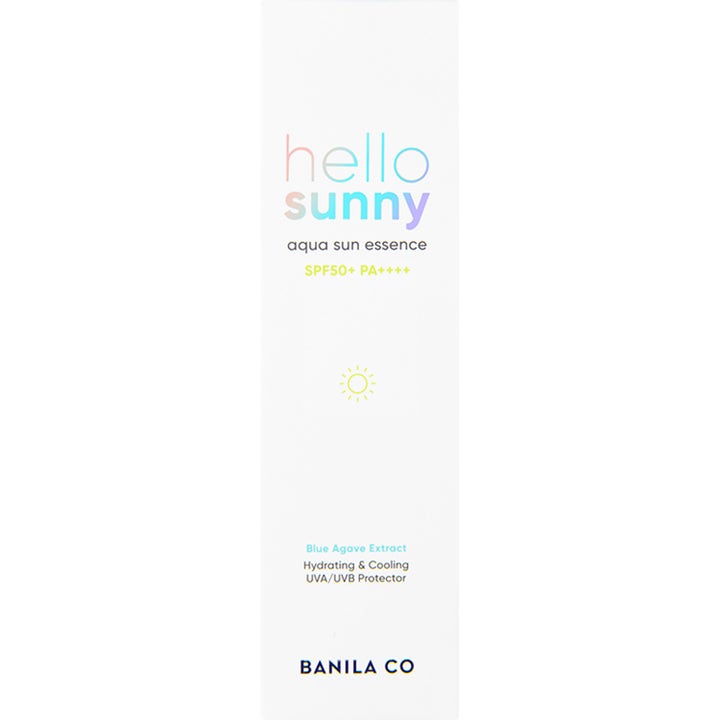 Banila Co Hello Sunny Aqua Sun Essence 50 ml kosteuttava aurinkovoide valkoisessa pahvipakkauksessa SPF50+ suojalla
