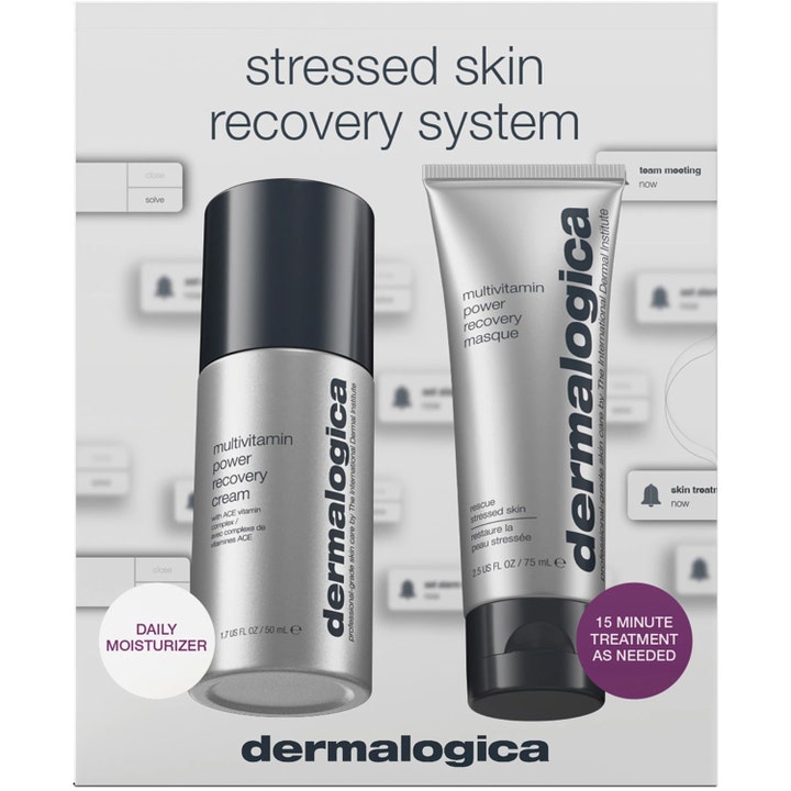 Dermalogica Stressed Skin Recovery System 50 ml ja 75 ml elvyttävä ihonhoitosetti hopeisessa pumppupullossa ja tuubissa.