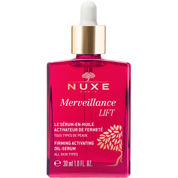 Nuxe Merveillance Lift 30 ml kiinteyttävä öljyseerumi kirkkaassa magentanpunaisessa lasipullossa kultaisella korkilla.