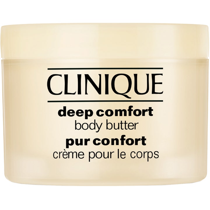 Clinique Deep Comfort Body Butter rauhoittava vartalovoi vaaleassa beigessä purkissa mustalla tekstillä.