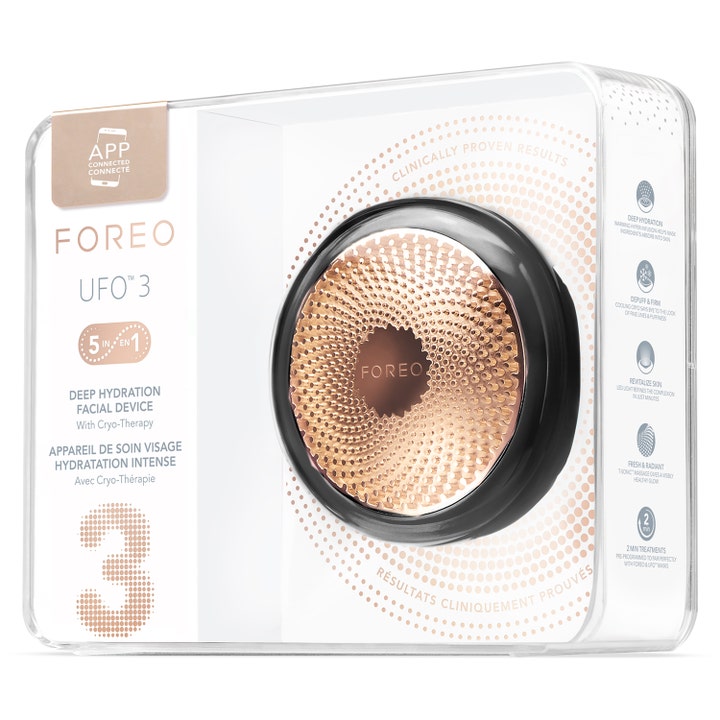 FOREO UFO 3 Black 1 kpl syväkosteuttava kasvolaite mustana ja ruusukultaisena kirkkaassa myyntipakkauksessa
