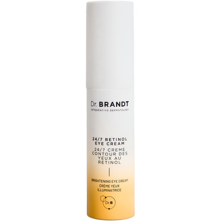 Dr. Brandt 24/7 Retinol Eye Cream 15 ml kirkastava silmänympärysvoide valkoisessa ja keltaisessa sylinteripakkauksessa