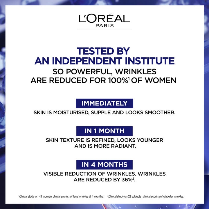 L'Oréal Paris Laser Pure Retinol 30 ml yöseerumi ja infografiikka kliinisistä tuloksista ryppyjen vähentämiseksi.