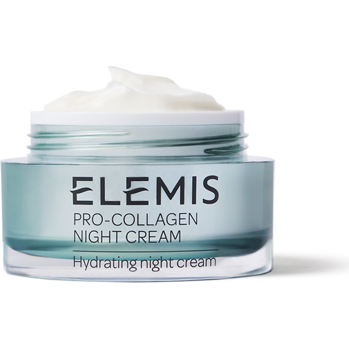 Elemis Pro-Collagen Night Cream 50 ml kosteuttava yövoide avatussa sinertävässä lasipurkissa täyteläisellä voiteella.