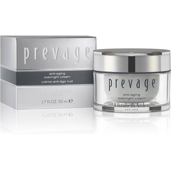 Elizabeth Arden Prevage Anti-aging Overnight Cream 50 ml silottava yövoide hopeisessa lasipurkissa ja pakkauksessa.