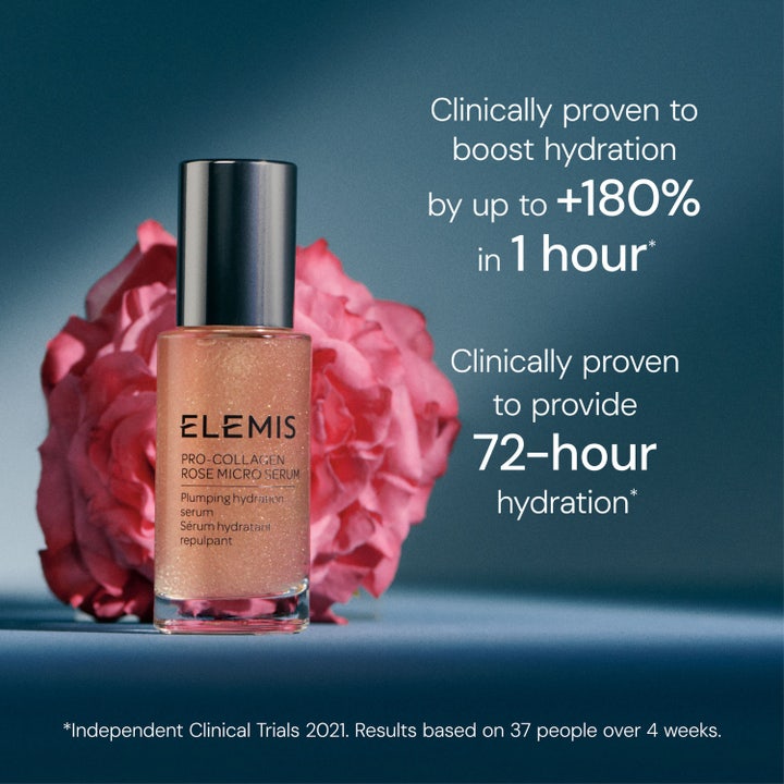 Elemis Pro-Collagen Rose Micro Serum 30 ml kosteuttava seerumi ruusun ja kliinisten tulosten kera.