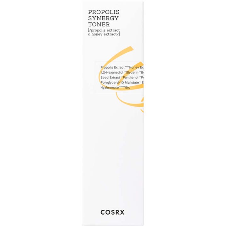 COSRX Full Fit Propolis Synergy Toner 150 ml heleyttävä kasvovesi valkoisessa pahvipakkauksessa.