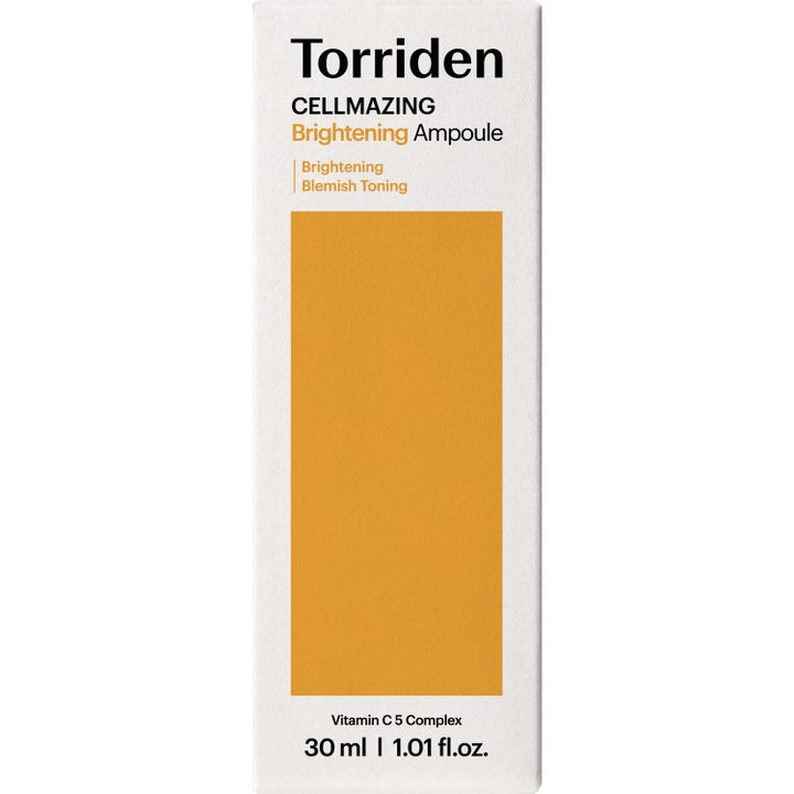 Torriden CELLMAZING Vita C Brightening Ampoule 30 ml kirkastava C-vitamiiniseerumi valkoisessa oranssikuvioisessa rasiassa