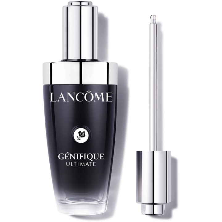 Lancôme Génifique Ultimate korjaava kasvoseerumi mustassa liukuvärjätyssä lasipullossa hopeisella korkilla ja pipetillä.