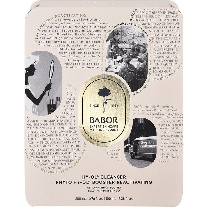 Babor Anniversary Set HY-ÖL & Phyto Reactivating 300 ml puhdistussetti vaaleassa metallirasiassa jossa on vintage-kuvitus