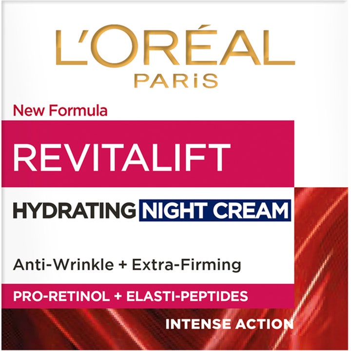 L'Oréal Paris Revitalift 50 ml kiinteyttävä yövoide Pro-Retinolilla valkoisessa ja pinkissä pakkauksessa.