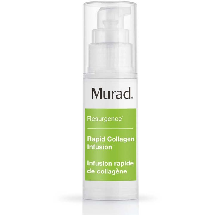 Murad Resurgence Rapid Collagen Infusion silottava kollageeniseerumi valkoisessa pumppupullossa vihreällä etiketillä.
