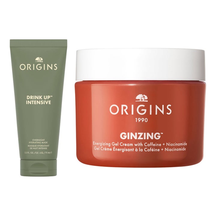 Origins Drink Up Intensive 75 ml ja Ginzing Gel Cream kirkastava setti vihreässä tuubissa ja oranssissa purkissa.