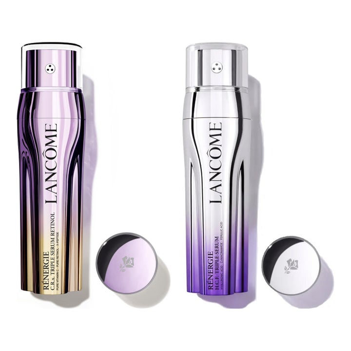 Lancôme Rénergie H.C.F. ja C.R.X. Triple Serumit ovat juonteita silottavat seerumit hopeisessa ja kultaisessa pullossa.
