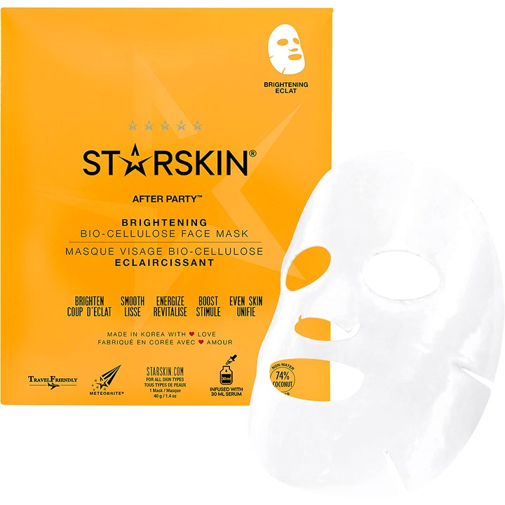 Starskin After Party Brightening Bio-Cellulose Face Mask 30 ml kirkastava kangasmaski oranssissa pussissa ja valkoinen maski.