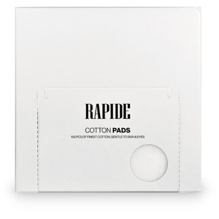 Rapide Cotton Pads 100 kpl hellävarainen vanulappu puhdistukseen kasvoille valkoisessa pakkauksessa pyöreällä ikkunalla