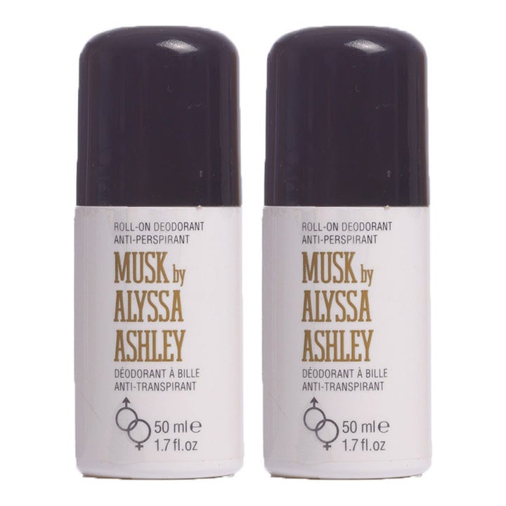 Alyssa Ashley Musk Roll-on Deodorant 50 ml duo ehkäisee hikoilua kaksi valkoista pulloa joissa on tummanruskeat korkit.