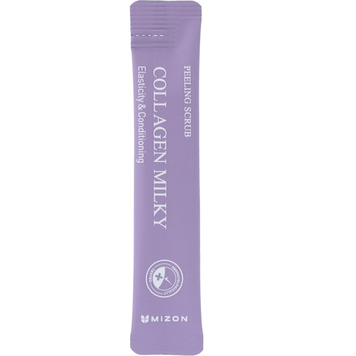 Mizon Collagen Milky Peeling Scrub annospussi on kimmoisuutta lisäävä kuorinta-aine liilassa kapeassa pakkauksessa