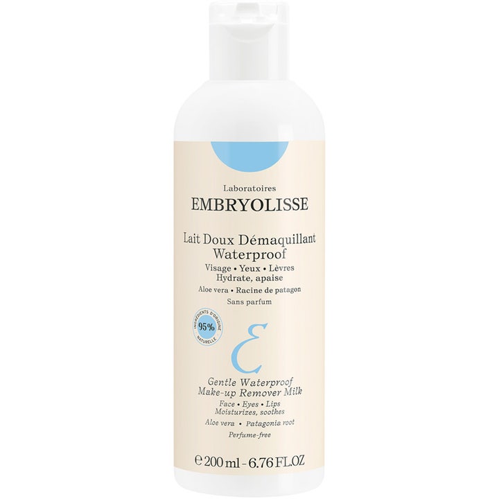 Embryolisse Lait Doux Démaquillant Waterproof 200 ml puhdistusmaito rauhoittaa ihoa valkoinen pullo vaalealla etiketillä.