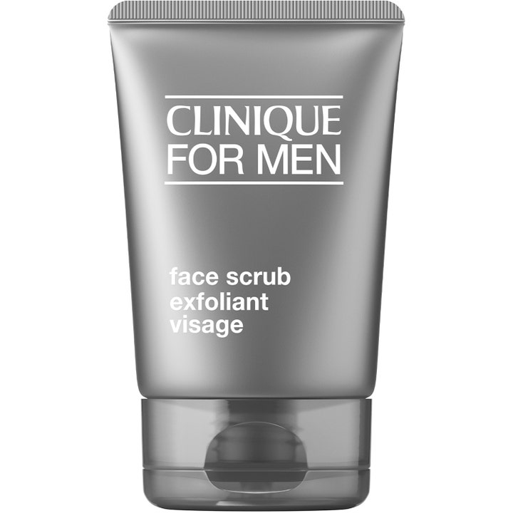 Clinique For Men Face Scrub kirkastava kasvokuorinta harmaassa muovituubissa jossa on läpinäkyvä korkki