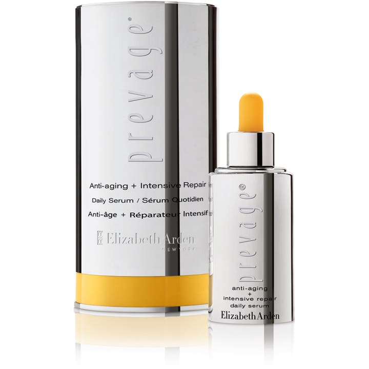 Elizabeth Arden Prevage Anti-Aging Intensive Repair Daily Serum 30 ml on korjaava seerumi hopeisessa pullossa ja kotelossa.