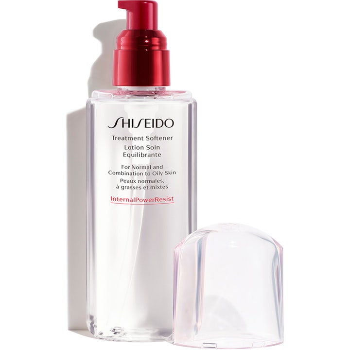 Shiseido Defend Treatment Softener 150 ml vahvistava kasvovesi kirkkaassa pullossa punaisella pumpulla.