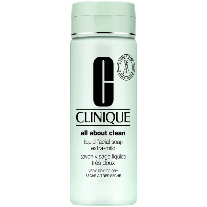 Clinique All About Clean Liquid Facial Soap Extra-Mild 200 ml puhdistusaine vaaleanvihreässä muovipullossa.